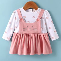 ToffyHouse Cotton Knit Full Sleeves T-Shirt & Frock with Kitty Print & Embroidery - Pink-picture-12