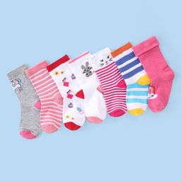 Cute Walk by Babyhug Non Terry Knit Anti-Bacterial Ankle Length Socks Striped Unicorn & Bunny Design Pack of 7 - Pink White & Grey-image-19