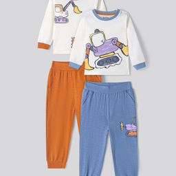 Bonfino Boys 100% Cotton Knit Full Sleeves Vehicle Printed Night Suits Pack of 2 - Orange & Blue-image-4