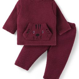 Babyhug Woven Full Sleeves Fur Winter Wear T-Shirt & Joggers Set with Bear Embroidery & Kangaroo Pockets -Maroon-image-43