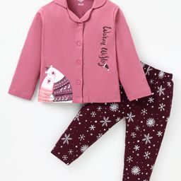 Cucumber Sinker Knit Full Sleeves Front Open Night Suit With Bears & Snowflakes Print - Pink-image-73