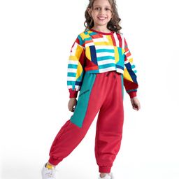 Ollington St. 100% Cotton Knit Full Sleeves Abstract Printed Winter Wear Set - Red-picture-6