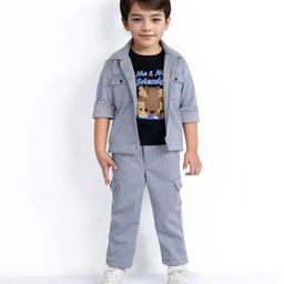 MASHUP Cotton Full Sleeves Solid Jacket With Animals Printed Tee & Coordinating Pant Set - Blue-image-94