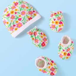 Babyhug Interlock Knit Cap Mittens And Booties Set with Floral Print - White-picture-5
