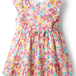 Babyhug Rayon Woven Frill Sleeves Floral Printed Frock with Bow Applique - Pink-image-96
