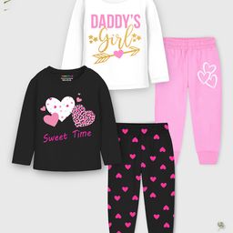 Trampoline Cotton Blend Knit Pack Of 2 Full Sleeves Daddys Girl Text & Hearts Printed Night Suits Set - Pink & Black-image-19