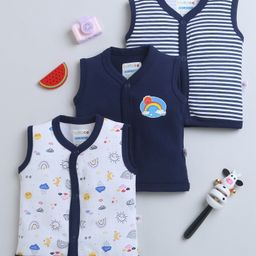 BUMZEE Cotton Woven Sleeveless Jhablas with Stripes & Rainbow Print Pack of 3 - Navy Blue & White-picture-28
