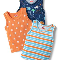 Babyhug 100% Cotton Single Jersey Knit Sleeveless Antibacterial Sando With Stripes Dino & Star Print Pack Of 3 - Orange Light Blue & Navy Blue-image-69