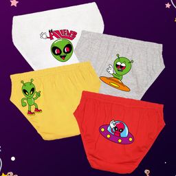 NUSYL Cotton Pack Of 4 Alien & Spaceship Printed Briefs - Yellow White Grey & Red-image-82
