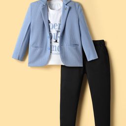 Rikidoos Open Your Mind Text Printed Tee & Pant With Full Sleeves Textured Blazer Set - Light Blue & Black-image-50