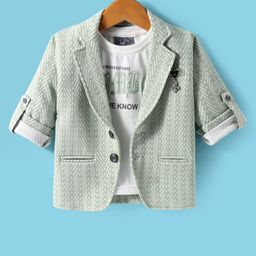 Dapper Dudes Full Sleeves Textured Blazer With Typography Printed Tee Set - Green-picture-26