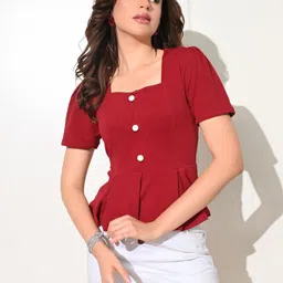 BAESD Women Solid Puff Sleeves Peplum Top-image-56