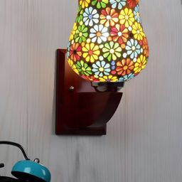 Devansh White & Blue Printed Wood Traditional Wall Lamp-14