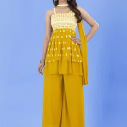 PARROT CREATION Embroidered A-Line Sequinned Georgette Kurti With Sharara And Dupatta-image-4