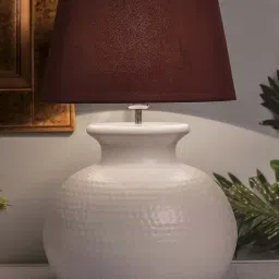 Homesake White Hammered Pitcher Table Lamp With Red Drum Shade (Bulb Included) - Set of 1-3