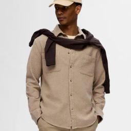SELECTED HOMME Beige Regular Fit Self Design Overshirt-image-84