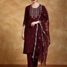 Varanga Burgundy Embroidered Kurta Trousers and Dupatta-image-41
