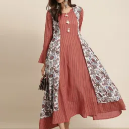 YASH GALLERY Rust Red & White Printed Flared Kurta image 1