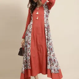 YASH GALLERY Rust Red & White Printed Flared Kurta image 4