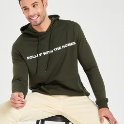 Styli Olive Boxy Fit Typographic Print Hooded Sweatshirt-image-1