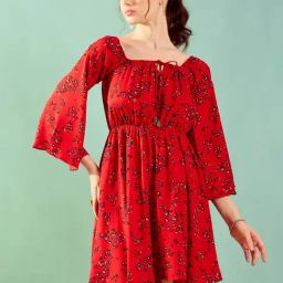 KASSUALLY Red Floral Print Fit & Flare Dress-image-70