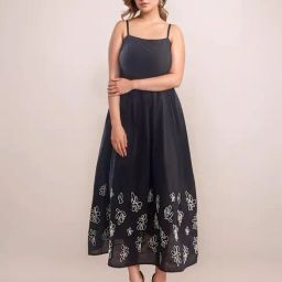 Zink London Black Cotton Loose Fit Embroidered Dress-image-46