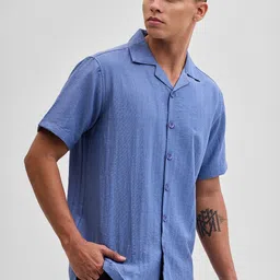 Snitch Men Relaxed Cuban Collar Textured Linen Casual Shirt-image-11