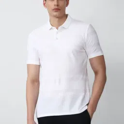 V Dot White Cotton Slim Fit Striped Polo T-Shirt-26