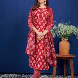 HERE&NOW Women Floral Printed Regular Kurta with Trousers & With Dupatta-picture-9
