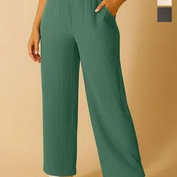 Fabflee Women Pack of 3 Self Design Wide Leg Mid-Rise parallel Trousers-picture-18