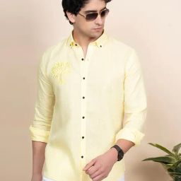 ALMATY Yellow Slim Fit Embroidery Shirt-image-86