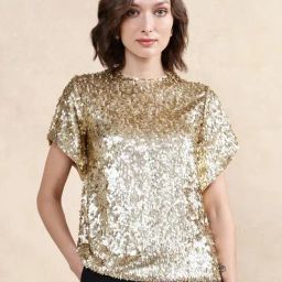 RAREISM Gold Georgette Embellished Short Sleeves Top-image-3