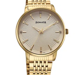 Sonata Men Brass Dial & Bracelet Style Straps Analogue Watch 77156YM01-18