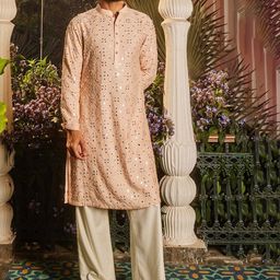 ASUKA Men Ethnic Motifs Embroidered Beads and Stones Chanderi Silk Kurta with Trousers-image-59