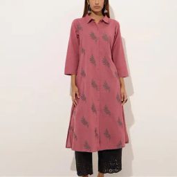 Utsa by Westside Dusty Pink Leaf Embroidered Cotton A-Line Kurta-image-9