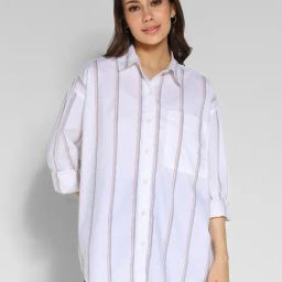American Eagle Outfitters White Cotton Striped Shirt-image-73