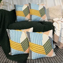 LUSHLYF Blue & Yellow 4 Pieces Geometric Pure Cotton Square Cushion Covers-image-15