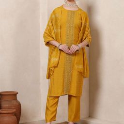 Spera Women Woven Design Embroidered Cotton Kurta with Trousers & Dupatta-image-74