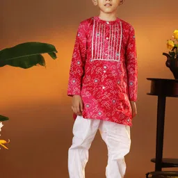 VASTRAMAY Boys Bandhani Printed Regular Pure Cotton Straight Kurta With Pyjamas-38