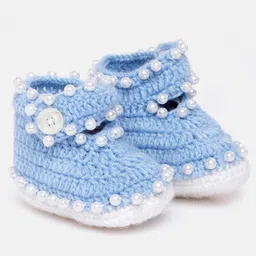 MayRa Knits Pearl Embellished Hand Knitted Booties - Blue-picture-1
