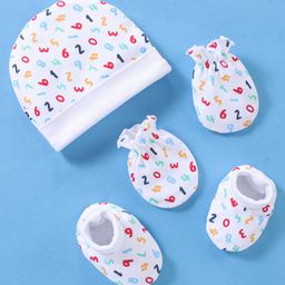 Babyhug 100% Cotton Cap Mittens And Booties Numeric Print - White-image-48