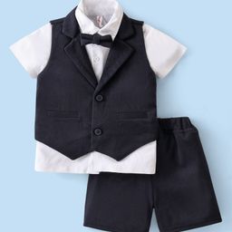 Babyhug Kint Half Sleeves Solid Color Waistcoat Set with Shirt & Bow - Navy Blue-image-101
