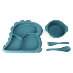 Dino Shaped Sectioned Plate with Bowl Spoon & Fork - Green-image-24