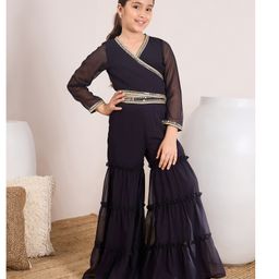 Pspeaches Three Fourth Sleeves Mirror Work Embellished Georgette Top With Palazzo - Navy Blue-image-53
