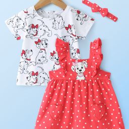 Babyhug Cotton Knit Frock with Half Sleeves T-Shirt & Headband Polka Dot & 101 Dalmatians Print - Red-image-60