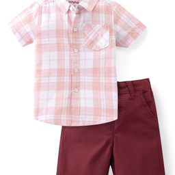 Babyhug Cotton Woven Half Sleeves Checkered Shirt & Shorts Set- Peach & Maroon-picture-21