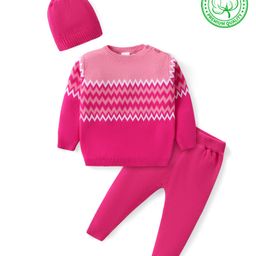 Babyhug Knitted Full Sleeves Pullover Sweater Set with Cap & Chevron Design - Pink-image-34