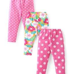 Babyhug Cotton Lycra Knit Full Length Leggings With Floral & Polka Dots Print Pack Of 3 - Pink Green & Dark Pink-image-94