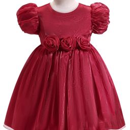 Babyhug Woven Half Puffed Sleeves Fit & Flared Solid Party Frock with Floral Applique - Red-image-13