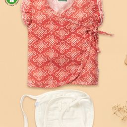 Pranava 100% Organic Cotton Sleeveless Batik Printed Jhabla & Nappy Set   Maroon-image-71